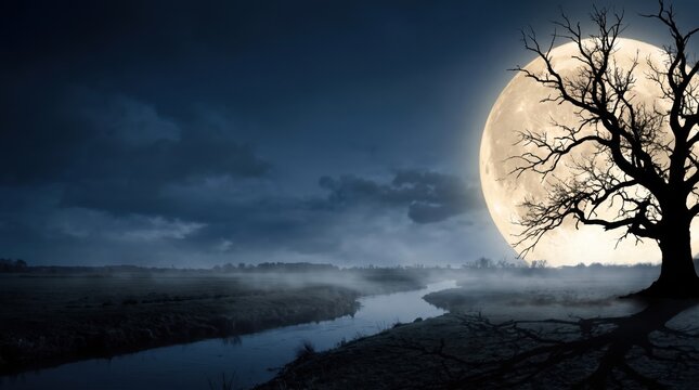 Full moon over a misty river landscape with a bare silhouette tree
