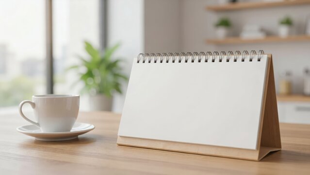 Blank desktop calendar with coffee cup on a wooden table in a bright kitchen setting. Ready for your custom dates.