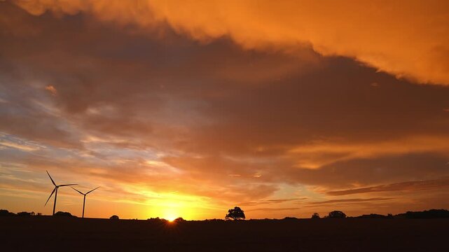 Vibrant Orange Sunset Timelapse Over Rural Landscape with Wind Turbines