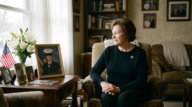 Honoring Gold Star Mother's Day with mother sitting beside military portrait