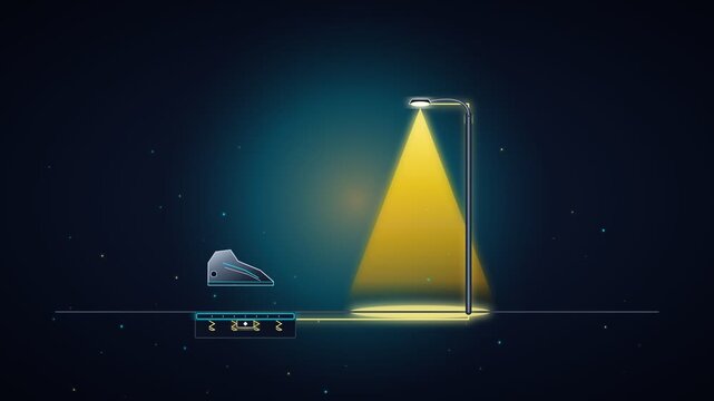 Bright street light illuminating the dark night with a warm yellow cone of light and a futuristic vehicle silhouette