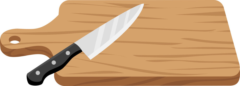 Wooden cutting board and kitchen knife arranged for food preparation on warm brown surface with dark handle and carved grip