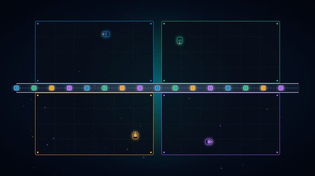 Abstract futuristic digital interface with glowing neon nodes and data grid