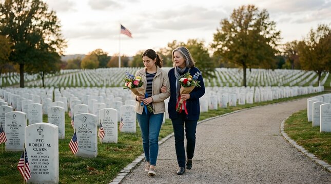 Gold Star Mother's Day Tribute As A Family Walks Through A Memorial Cemetery