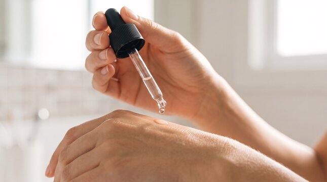 Person applying a single drop of clear facial serum from a glass dropper onto their hand with skin hand bright person uses