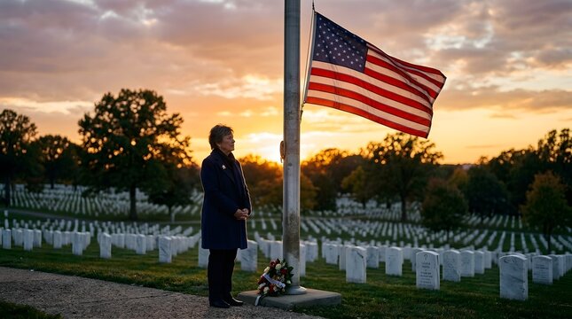 Honoring Gold Star Mother's Day with an American Flag at Cemetery Sunset