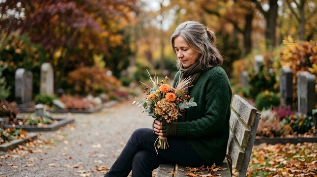 Gold Star Mother's Day grieving senior woman holding bouquet at a cemetery