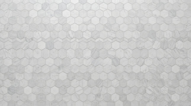 White Marble Hexagon Floor Tile Texture with Geometric Honeycomb Pattern and Light Grey Veins Background