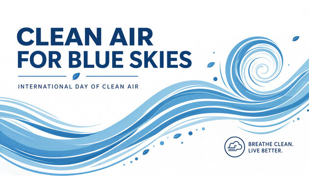 Clean air for blue skies concept with blue wave design and text for international day of clean air