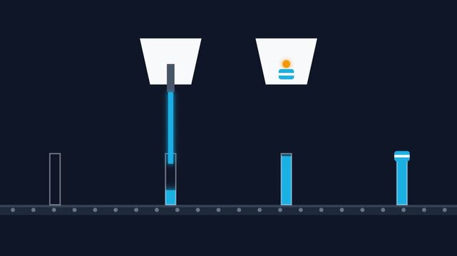 Automated Industrial Conveyor Belt Filling Vials With Blue Liquid and Applying Caps 2D Flat Animation
