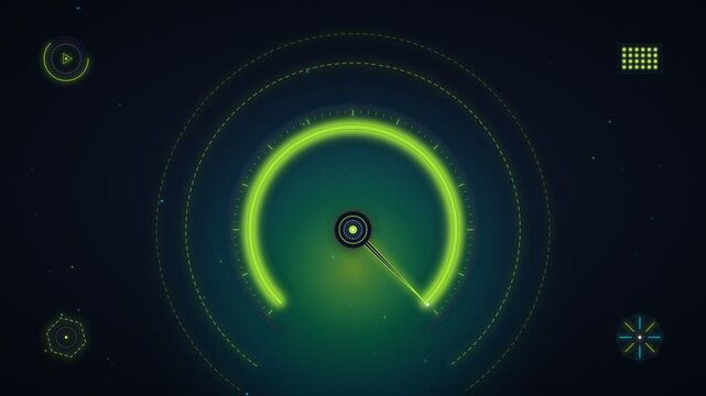 Futuristic digital speedometer interface glowing with neon green light in dark cyberspace
