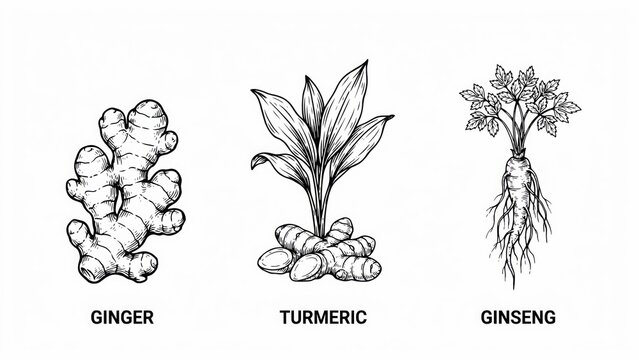 Hand drawn illustration of ginger, turmeric, and ginseng root isolated on white background. Perfect for health, nutrition, and natural medicine themes.