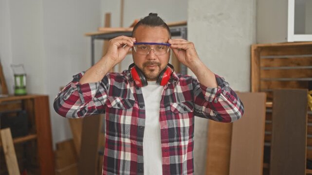 Man wearing plaid shirt puts on red earmuffs and clear safety goggles while raising hands to head in a workshop building; safety focused.