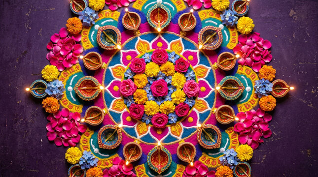 Colorful rangoli pattern with floral motifs and burning clay diyas