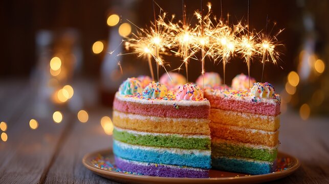 A vibrant rainbow cake with sparklers on top sits on a wooden table with bokeh lights