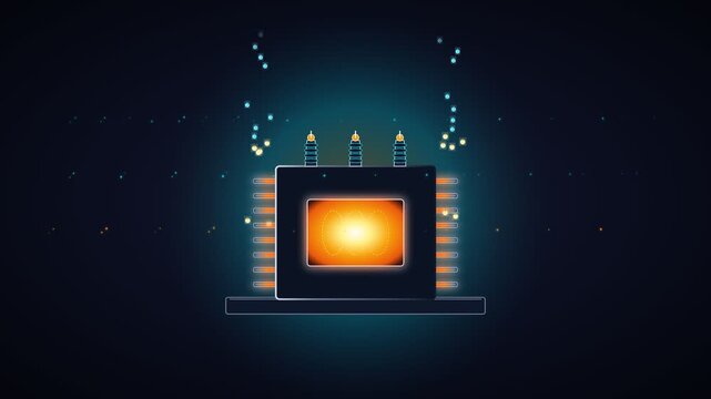 Futuristic microchip with glowing core and digital data processing elements