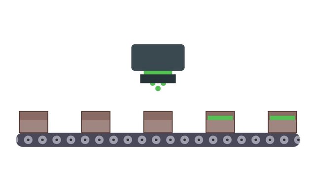 Automated industrial conveyor belt system filling boxes with green products in factory production line.