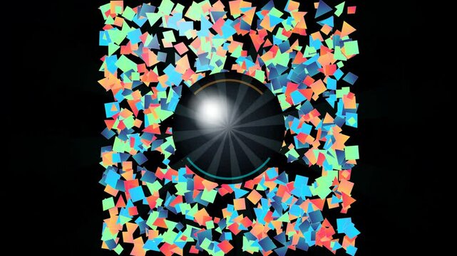 Vibrant geometric shapes including squares and triangles burst outwards in a dynamic explosion of color against a dark backdrop