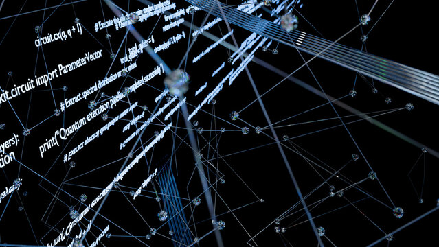 Quantum Computing and AI Program Code Flowing Through a Futuristic Digital Network