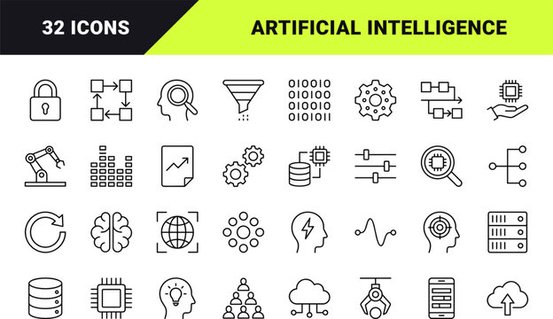 Machine Learning Processes line icon set. Vector pictograms of algorithm, data analysis, artificial intelligence, and network elements, thin linear illustration.
