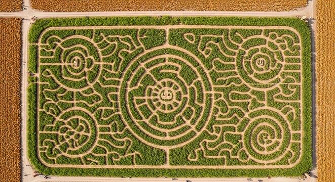 An intricate corn maze viewed from above, showcasing winding paths and circular patterns within a vast green field.