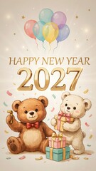 Fototapeta premium Two adorable teddy bears in a whimsical illustration style celebrate the new year with colorful balloons, stacked gift boxes, and confetti against a soft background with Happy New Year 2027 text