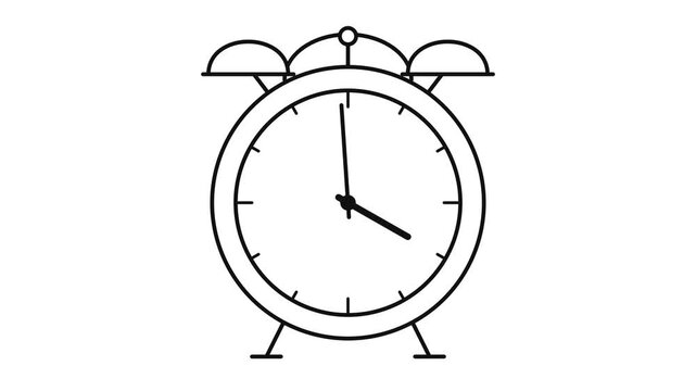 Minimal black line art alarm clock moving from 3:58 to 4:00 before vibrating to indicate an active alarm, seamless loop animation on white background.