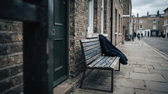 A lonely coat drapes over a bench, hinting at an unexplained presence. The cobbled street is calm, lined with charming buildings under an overcast sky.