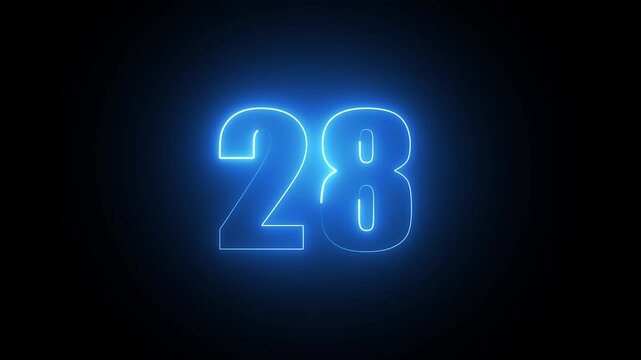 Glowing blue neon number twenty eight isolated on a dark black background