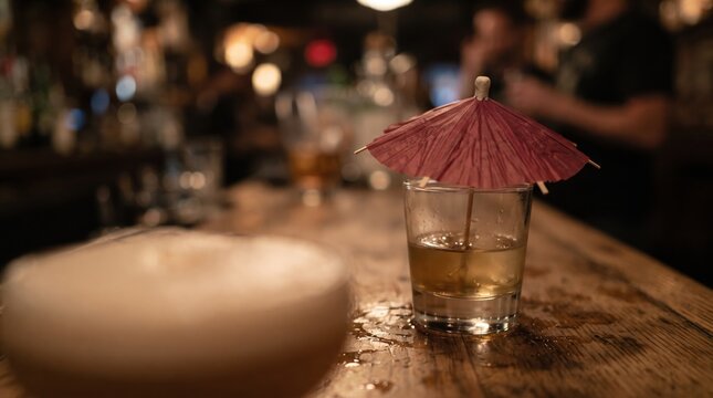 A beautifully crafted drink sits on a rustic wooden bar, adorned with a vibrant umbrella. The atmosphere buzzes with laughter and chatter, creating a perfect night out.