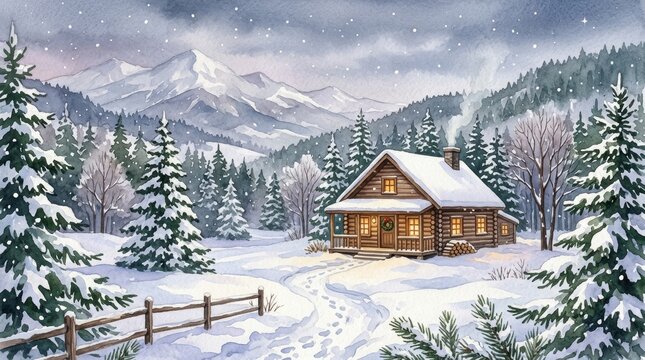 Scenic winter landscape with cozy wooden cabin surrounded by snow-covered trees and mountains