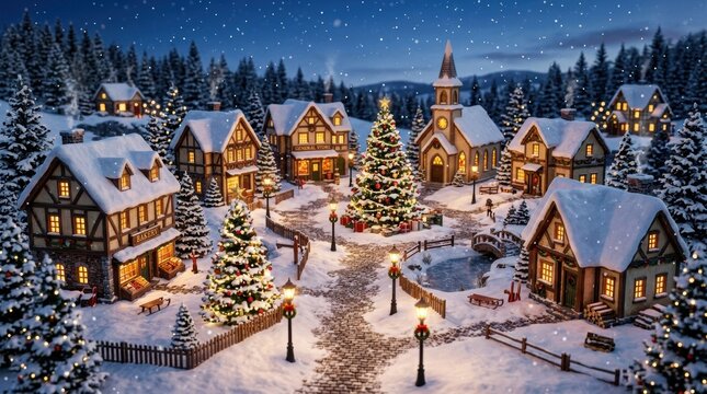 Festive winter village scene with decorated trees and snow-covered houses at night