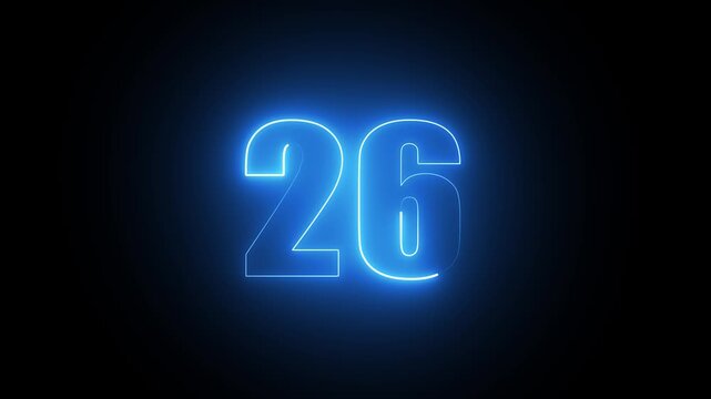 Glowing blue neon number twenty six isolated on black background