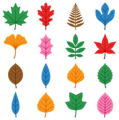 Fototapeta premium Colorful Flat Vector Leaf Collection with Diverse Botanical Shapes