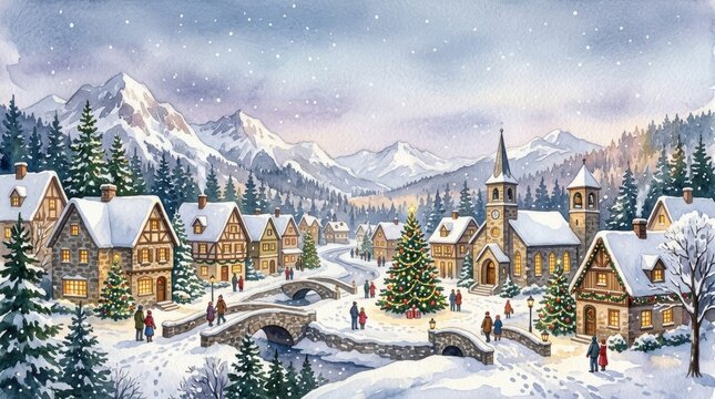 Snowy Mountain Village with Christmas Decorations, Church, Bridge, Pine Trees, People, and Mountain Background