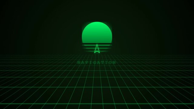 Neon green light motion graphics of a navigation system dashboard against a dark background.