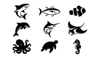 Obraz premium Marine animal icon collection with shark tuna clownfish dolphin and sea creatures vector illustrations