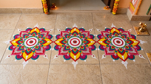 Three colorful circular rangoli patterns aligned on a tiled floor