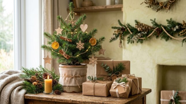 Festive holiday scene with decorated small Christmas tree and wrapped gifts on wooden table