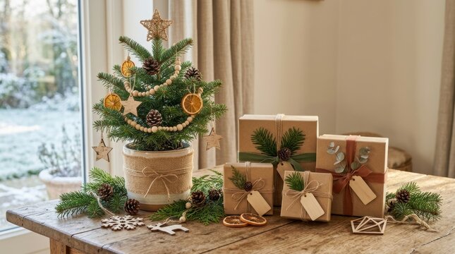 Festive Christmas Tree with Gift Boxes and Holiday Decorations in Cozy Home
