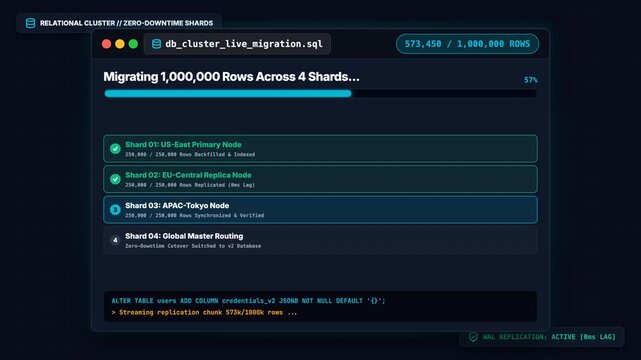 Animated dashboard showing a zero downtime database migration process with progress bars and success notification.