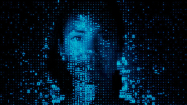 Female Face dissolving into Data Fragments. AI Training Data Concept.