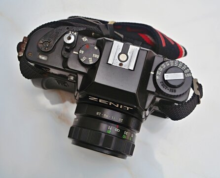 Zenit SLR film camera displaying vintage photography equipment