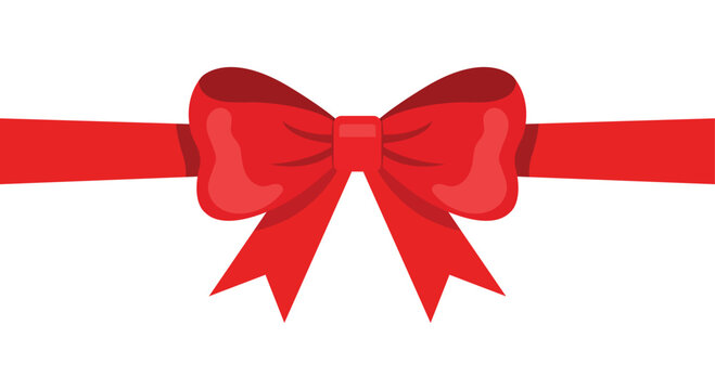 Elegant red ribbon bow with layered loops and flowing tails on a white background, flat vector graphic for festive gifts and holiday banners.