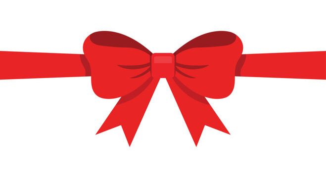 Elegant red ribbon bow with layered loops and flowing tails on a white background, flat vector graphic for festive gifts and holiday banners.