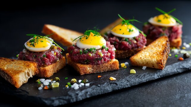 Elegant steak tartare plated with quail egg yolk capers and crispy crostini on a black slate plate fine dining style