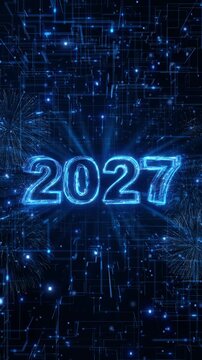Electric blue 2027 futuristic network circuit lines, digital particles, fireworks. 19 celebrations, innovation events, artificial intelligence presentations, launches, countdown openers,