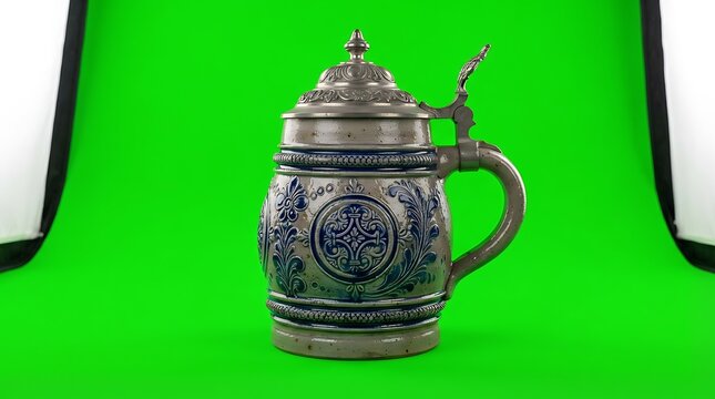 An ornate antique pewter beer stein centered on a vibrant green background