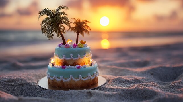 A two-tiered cake with blue icing and palm trees on top sits on a sandy beach at sunset