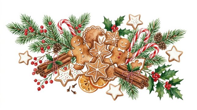 Festive Christmas Cookies and Confectionery with Holly and Cinnamon Sticks